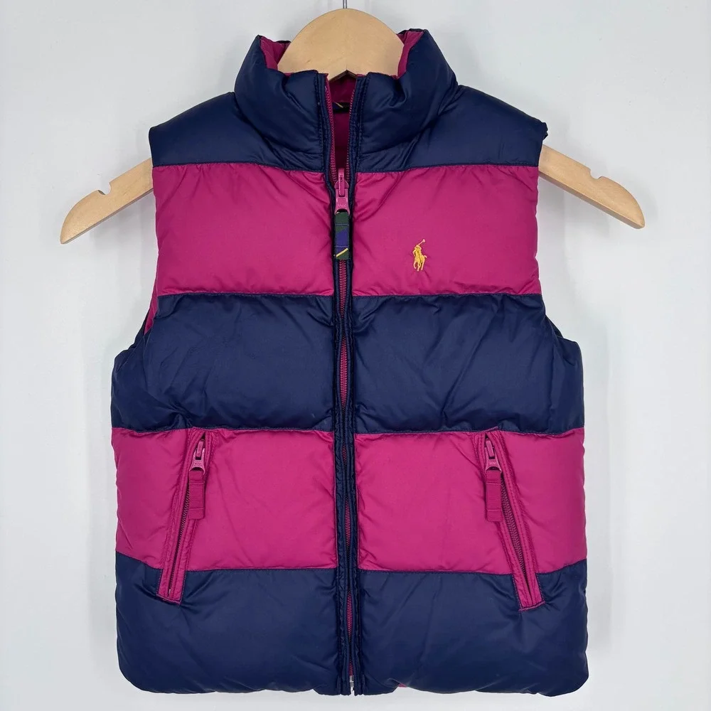 Polo Ralph Lauren Reversible Down Puffer Vest Girls Size 7 Pink Navy Blue Crest